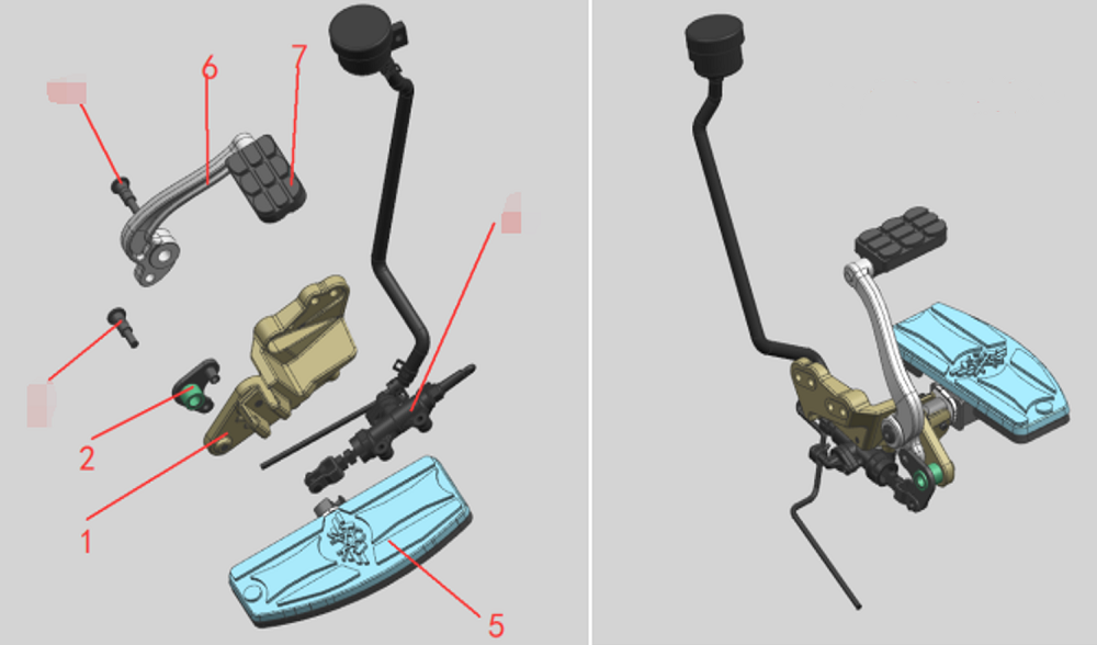 Подножки передние, рычаг тормоза